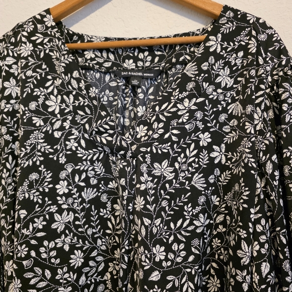 Zac & Rachel Blouse / Top Peasant Black White Floral 3/4 Puff Sleeve Size 2X - Picture 2 of 10